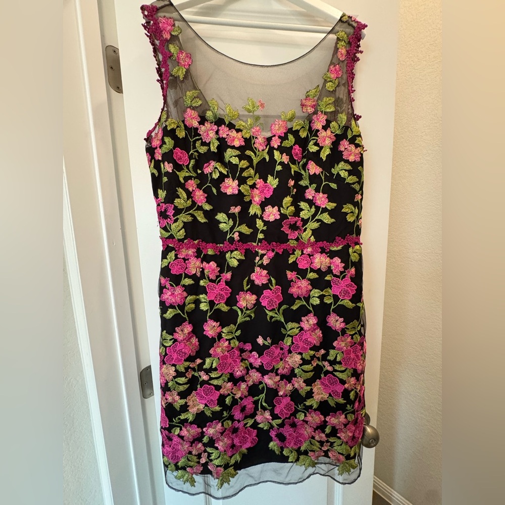 Marchesa Notte Black Cocktail Dress with Mesh and Pink and Green Embroidery